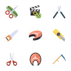 9 cut flat icons set isolated on white background. Icons set with Hairdressing salon, Video maker, Gardening scissors, Hand saw, fish steak, Cutter knife, Scissors, salmon icons.