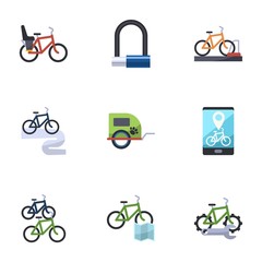 9 cycle flat icons set isolated on white background. Icons set with Bike Child seat, Bike padlock, bicycle parking, Bike tour, pet trailer, rental app, station icons.