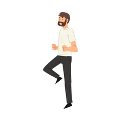 Smiling Bearded Man in Casual Clothes Clenching His Fists Vector Illustration