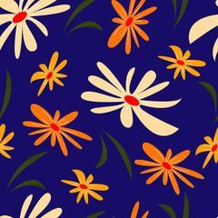 Fototapeta na wymiar Seamless pattern with flowers in orange tones on a blue background. Vector. Suitable for wrapping paper, covers, wallpapers. For packaging design. Spring mood