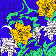 Floral pattern with blue flower. Vector blue floral background. Botanical lily texture. Botanic drawing illustration with garden flowers.