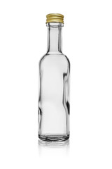 Empty bottle of clear, colorless glass covered with a metal lid. Isolated on a white background,...