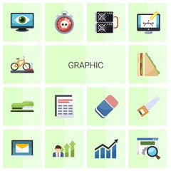 14 graphic flat icons set isolated on white background. Icons set with bicycle parking, Stapler, Sheet, sandwich, Computer Vision, deadline, mining farm, Webdesign, Online library icons.