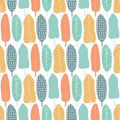 Abstract seamless pattern with colorful tropical and jungle leaves. Scandinavian style backdrop. Hand draw background of exotic plants. Botanical wrapping paper, textile, background flat design.
