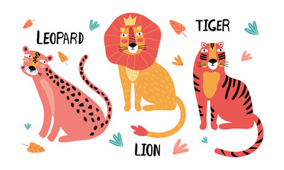 Set of wild cats, leopard, lion, tiger. Flat vector illustration. Wild exotic animals. Cute animal character idea for printed material and t-shirt, greeting card, children s wall art, sticker