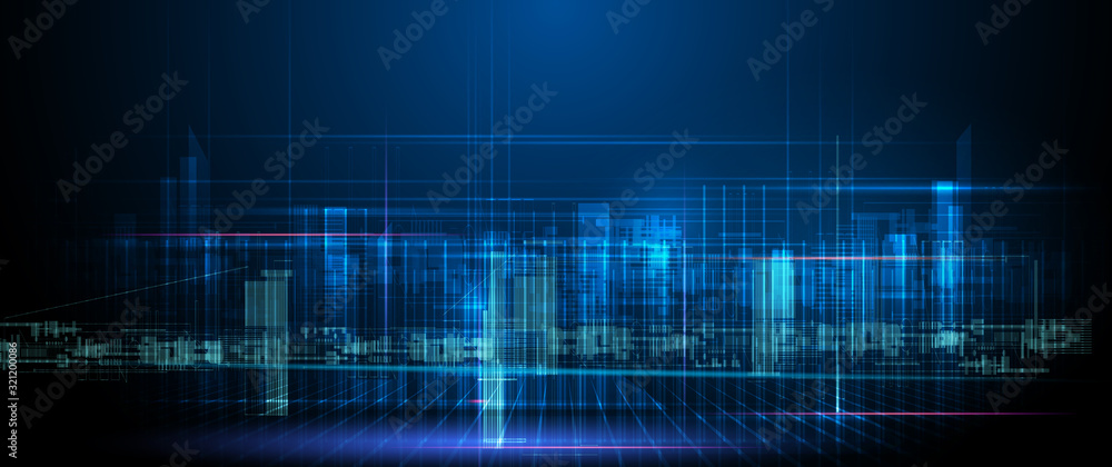 Poster vector illustration urban architecture, cityscape with space and neon light effect. modern hi-tech, 