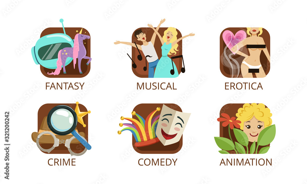 Sticker cinema genres set, crime, fantasy, musical, erotica, crime, comedy, animation, cinematography, movie