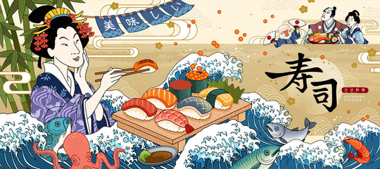 Fototapety  Reklamy barów sushi w stylu Ukiyo-e
