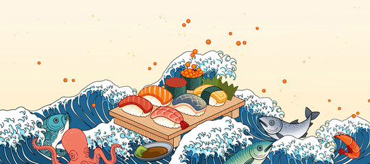 Sashimi on giant wave tides - obrazy, fototapety, plakaty