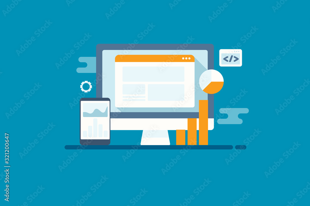 Poster website seo and analytics tool, business data, statistics, information displaying on computer and mo