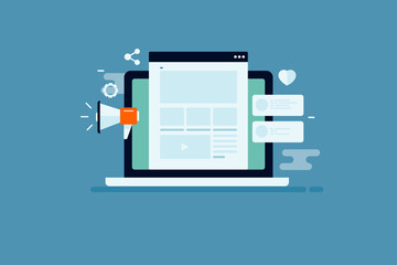 Social media promotion, content marketing, seo and digital advertising, internet technology concept. Flat design web banner template.