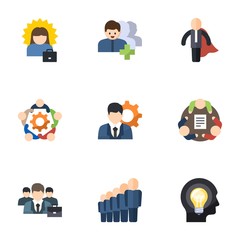 9 leader flat icons set isolated on white background. Icons set with successful woman, Followers, business hero, teamwork, manager, business people, staff, Creative people icons.