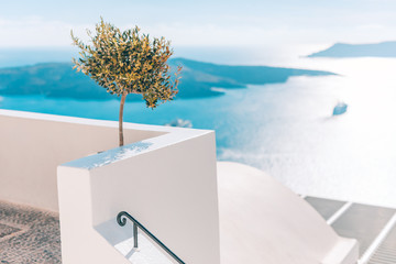 White architecture on Santorini island, Greece. Beautiful landscape, sea view. White wash staircases on Santorini Island, Greece. The view toward Caldera sea with cruise ship awaiting.