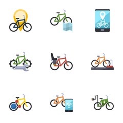 9 bicycle flat icons set isolated on white background. Icons set with Bike rental, Bike rental map, Bike rental app, repair service, Child seat, bicycle parking icons.