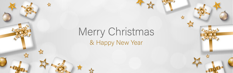 Merry Christmas and happy new year banner vector, illustratoin.Gift boxes and golden decorative elements on white gray background design.