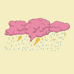 a brain in the form of a cloud with lightning. illustration of anger and stress