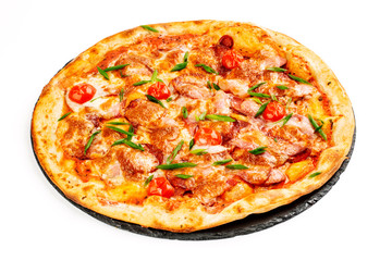 A plate with pizza on white background