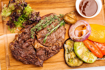 A plate with roast beef. Food concept