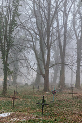 Old iron crosses on graves in a cemetery in a winter morning fog