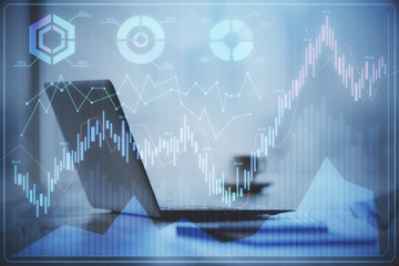 Multi exposure of chart and financial info and work space with computer background. Concept of international online trading.