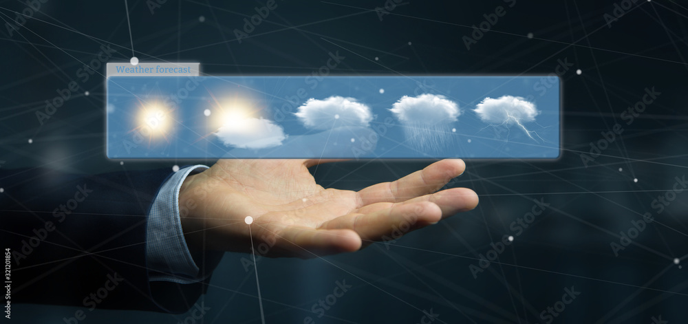 Poster businessman holding a weather forecast widget 3d rendering