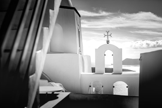 Black & White Image of Church in Santorini Oia, Greece