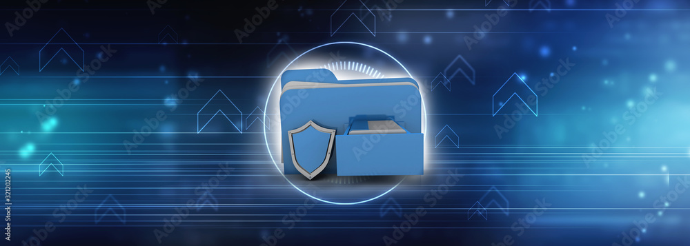 Poster laptop folder with shield. Isolated 3d rendering image