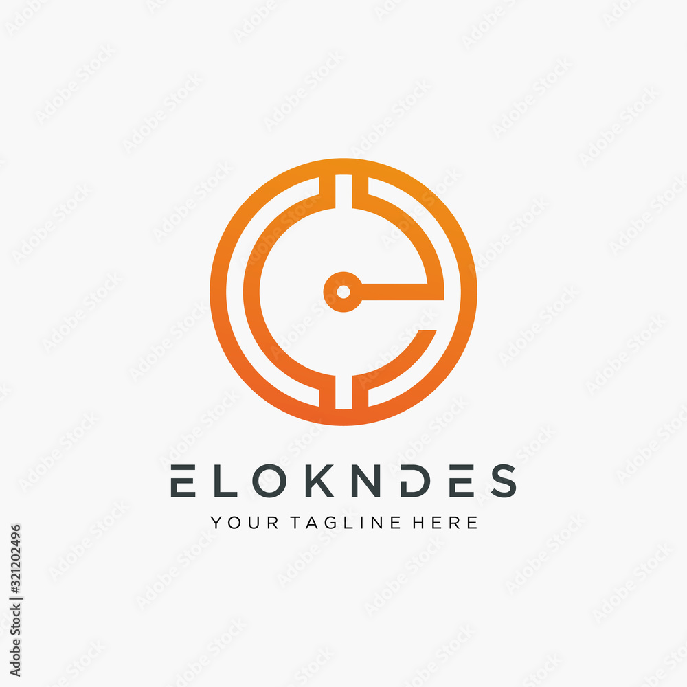Poster letter e with chip concept. industrial tech style in round sphere concept. vector design template el