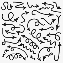 Set of grey curved doodle arrows isolated on white background.