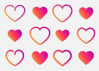 Heart icon set. Love and like pink gradient symbols isolated on white background.