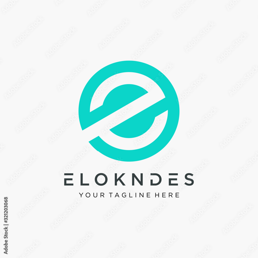 Poster letter e negative space with circle concept. industrial tech style in round sphere concept. vector d