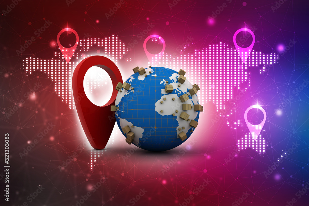 Poster 3d rendering red map pointer in card box