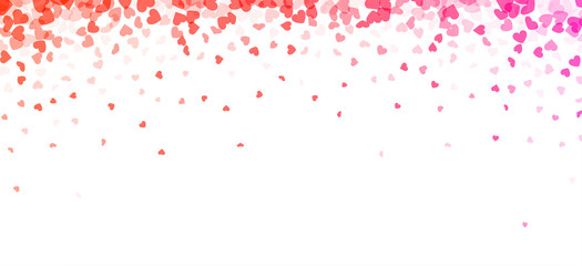 Valentines day card. Heart confetti falling over gradient pink background for greeting cards, wedding invitation.
