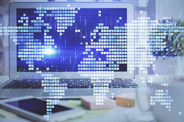 Multi exposure of business theme icons and work space with computer background. Concept of success.