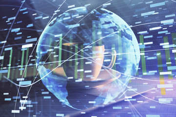 Multi exposure of business theme icons and work space with computer background. Concept of success.