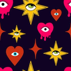 Magic eyes and hearts pattern for textiles, cards, backgrounds of various objects