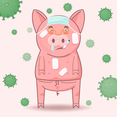 Pig have a fever. Sick pig and a thermometer. Swine flu concept. health and medical concept vector illustration.
