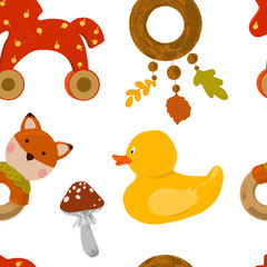 Illustration pattern with hand-drawn various children's toys. A cozy rattle, a yellow duck, a mushroom and a wooden horse. Good for wrapping paper, congratulations for mothers, children's textiles