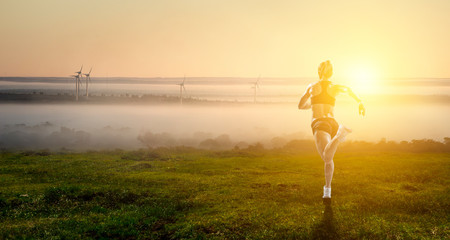 Sportswoman run race. Mixed media