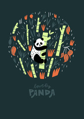 Panda bear bamboo branches leaves and fruits composition. Cover design. Vector flat illustration.