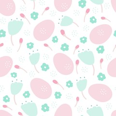 Easter eggs and flowers seamless cute pattern. Vector background. - 321204404