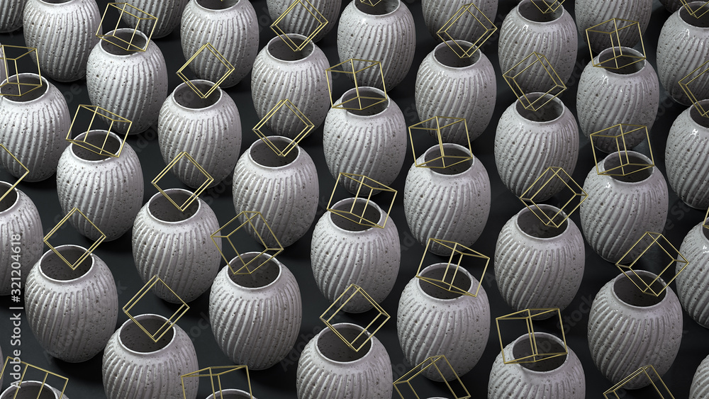 Poster 3d render a tightly packed isometric grid of gray big vases with the gold cube on top on a black bac