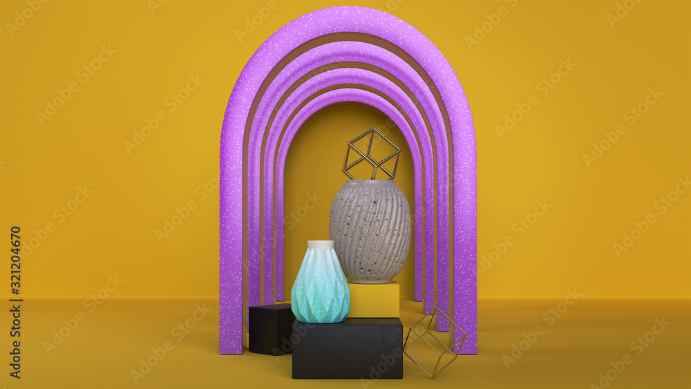 Poster abstract 3d render modern composition with two ceramic vases stands on cubes on a yellow background.
