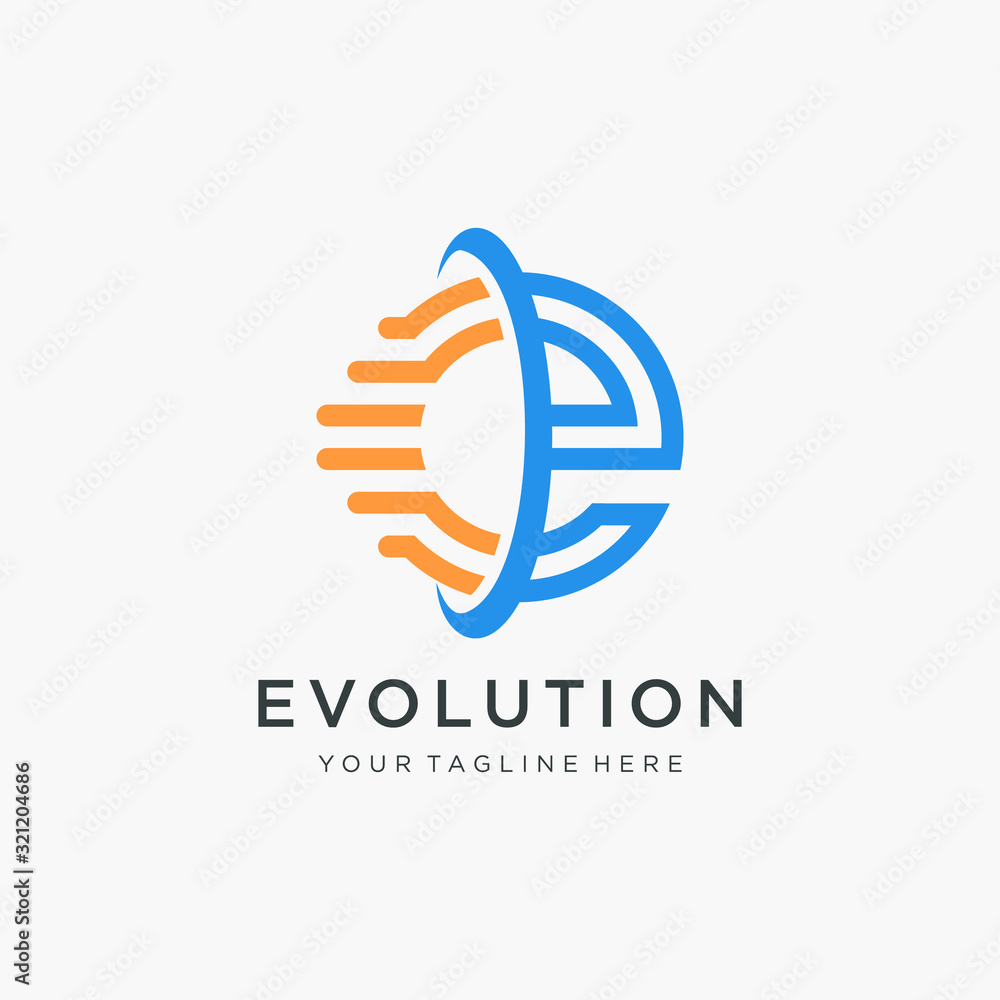 Poster initial letter e motion logo design with swoosh and speed element. symbol evolution for technology d