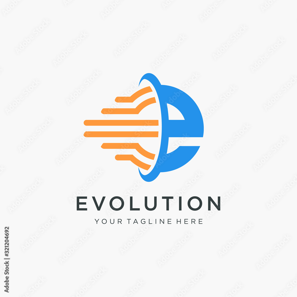 Poster initial letter e motion logo design with swoosh and speed element. symbol evolution for technology d