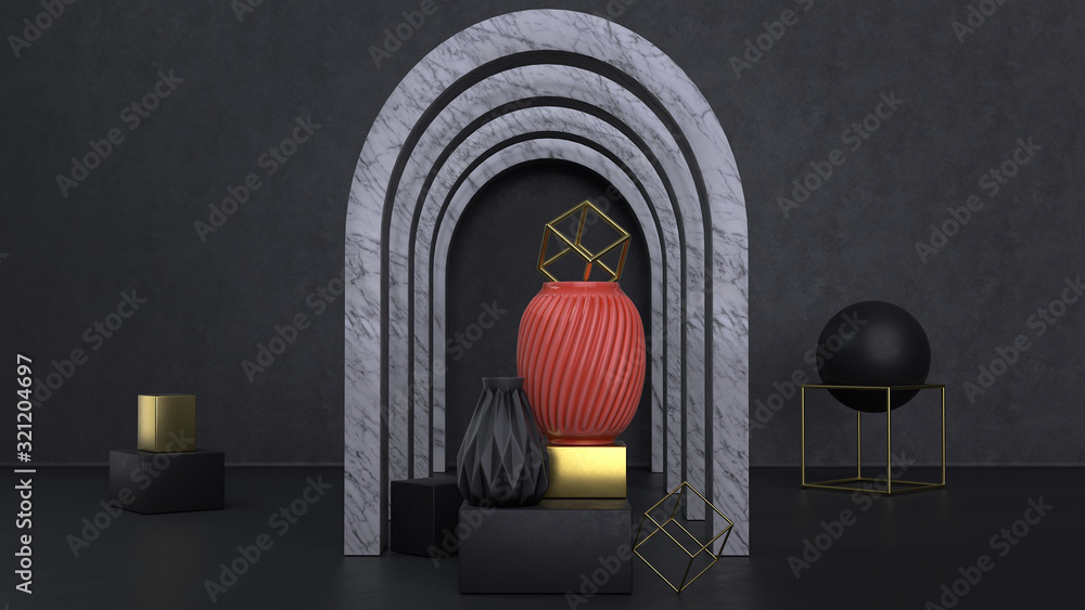 Poster abstract 3d render modern composition with two ceramic vases stands on cubes on a black background. 