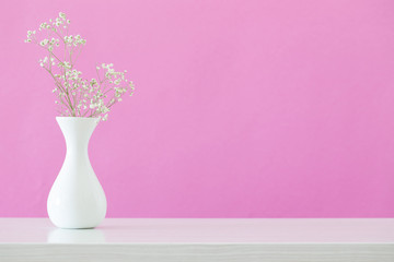 gypsophila flowers in vase on pink background