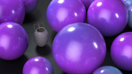 3d render gray vase with gold cube on top and big colorful spheres on a black background.