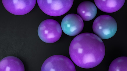 3d render the big colored spheres with the texture of small white dots on the black floor.