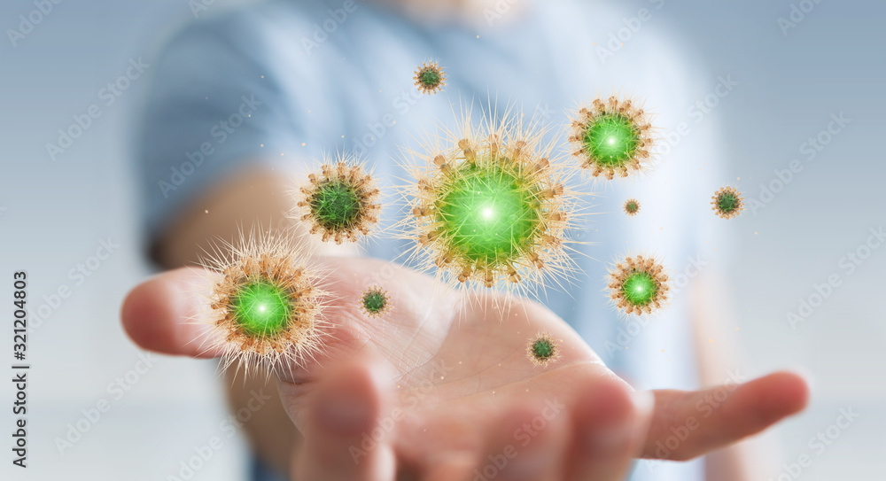 Poster Man analyzing bacteria on microscopic close-up 3D rendering